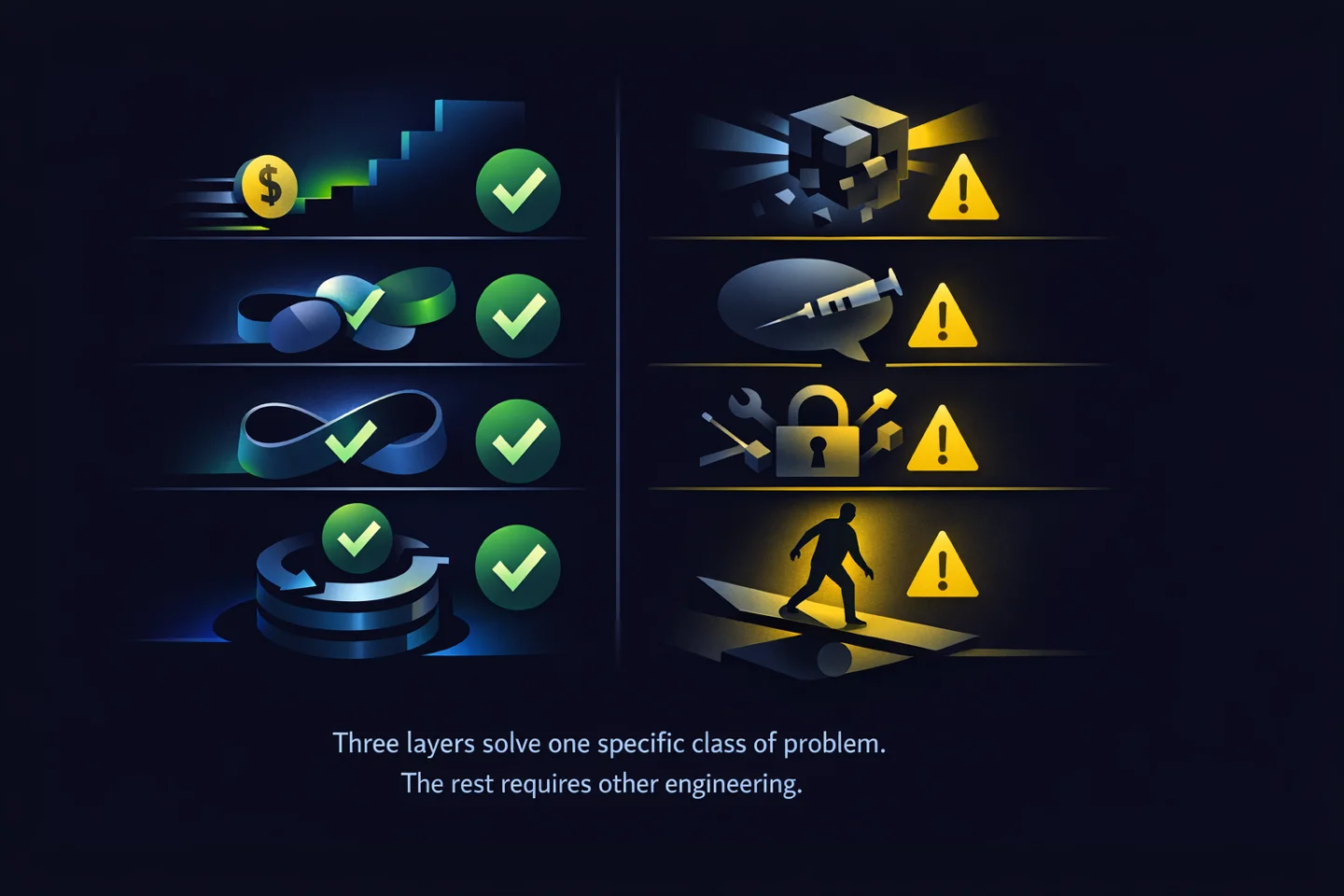 Two-column comparison. Left: what the three-layer guardrails solve. Right: what they don't solve.