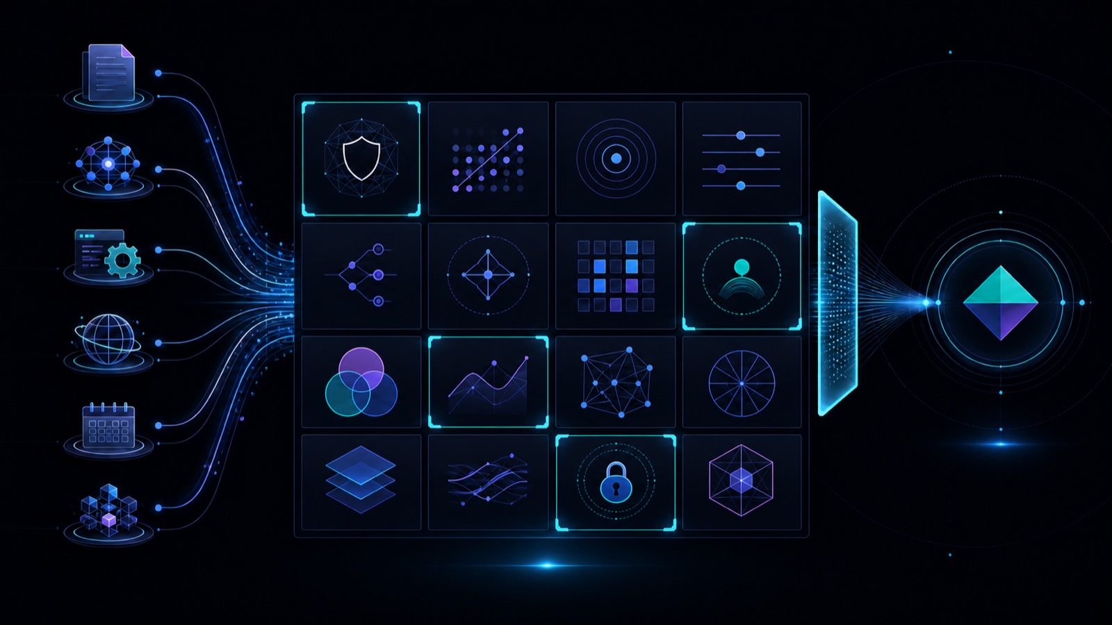 Evidence sources flow into a geometric evaluation grid with highlighted safety gates before reaching a final decision checkpoint.