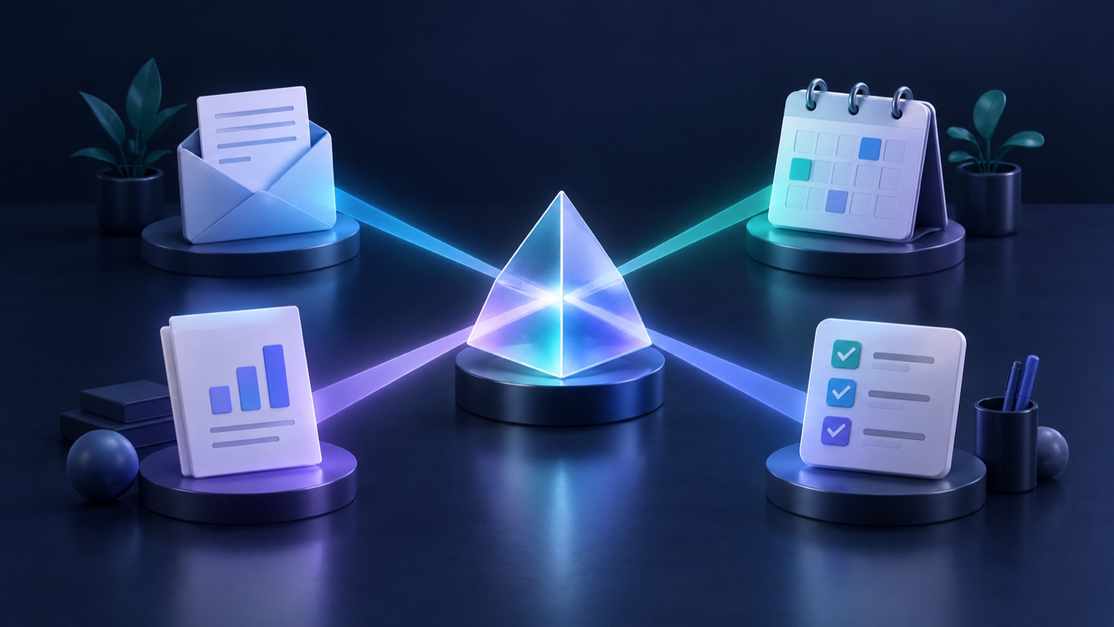 Conceptual illustration of a central prism connecting email, calendar, report and checklist tasks.