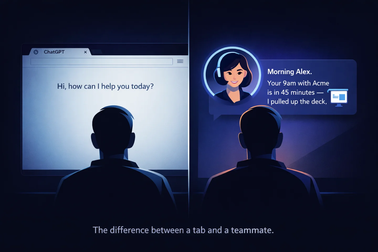Split-screen: a blank ChatGPT tab on the left versus a named, persistent AI assistant greeting the user by name on the right.