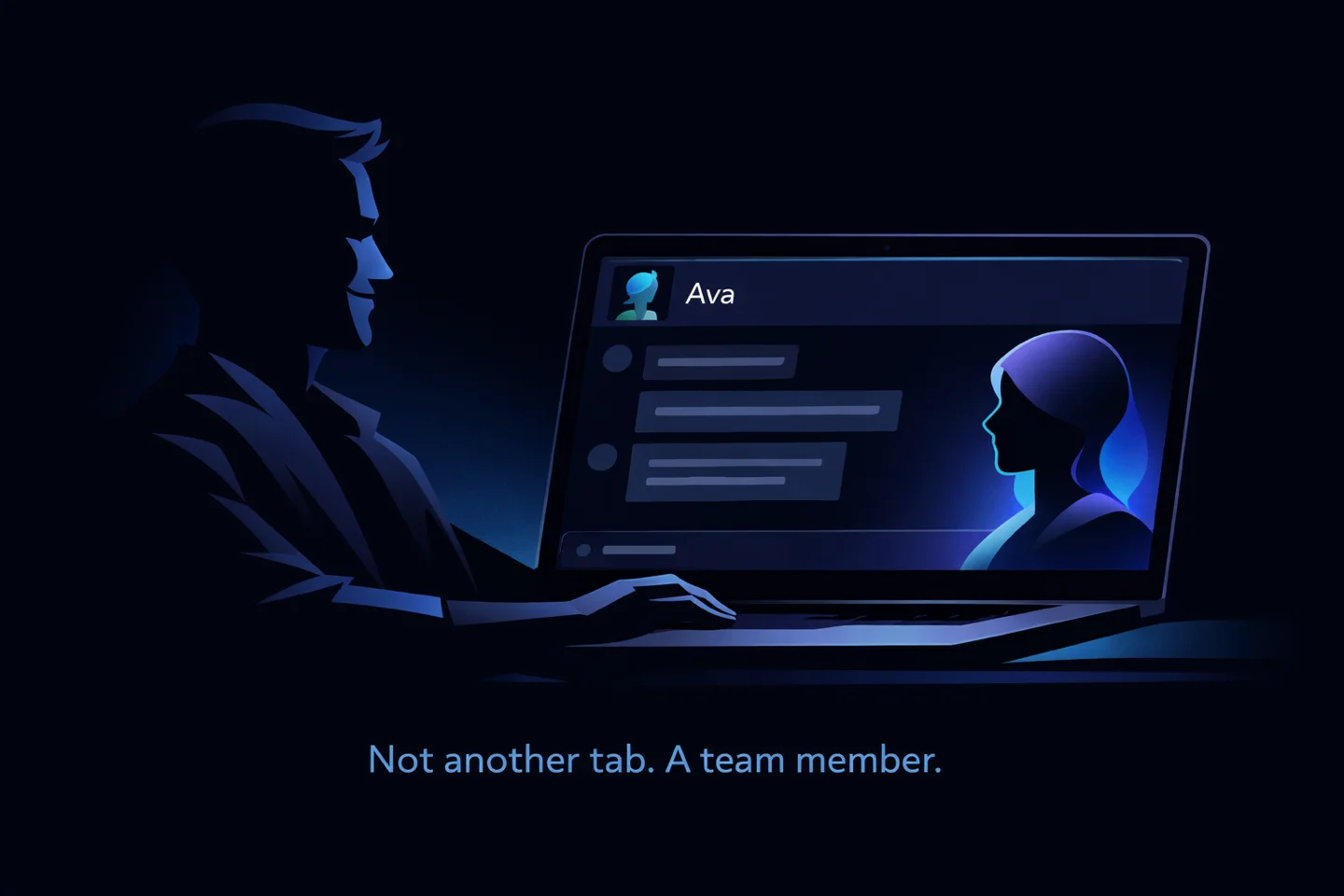 A founder at their laptop in a calm working relationship with a named AI assistant.