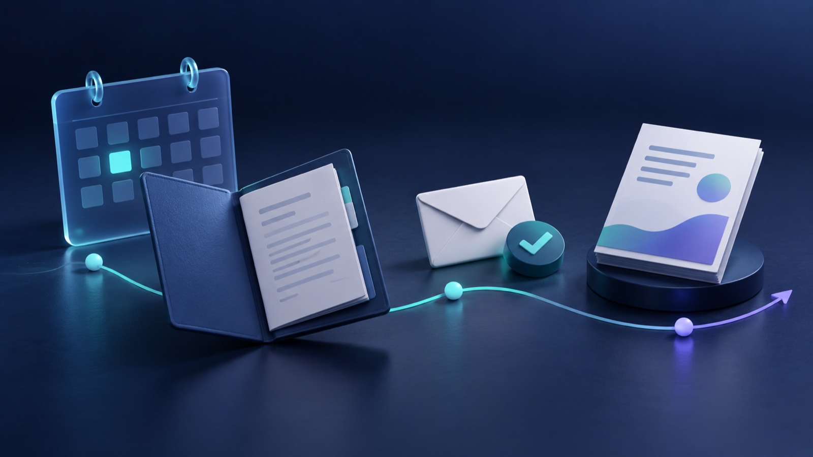 Conceptual illustration of a briefing folder, calendar, email review checkpoint and finished report.