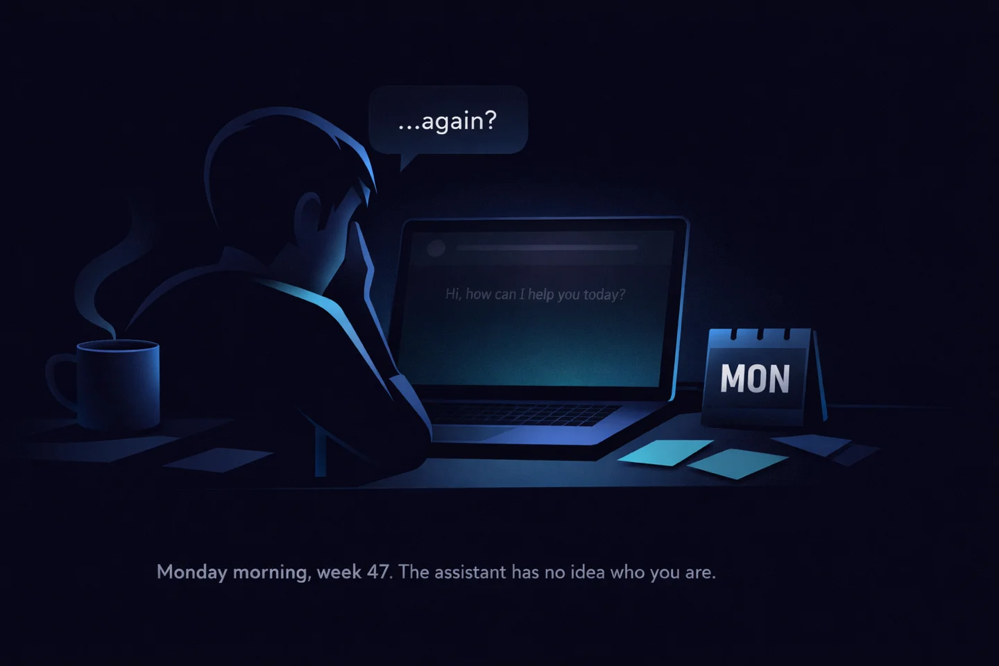 A founder at their laptop on Monday morning with a faint AI greeting on-screen and a tired speech bubble reading '…again?'