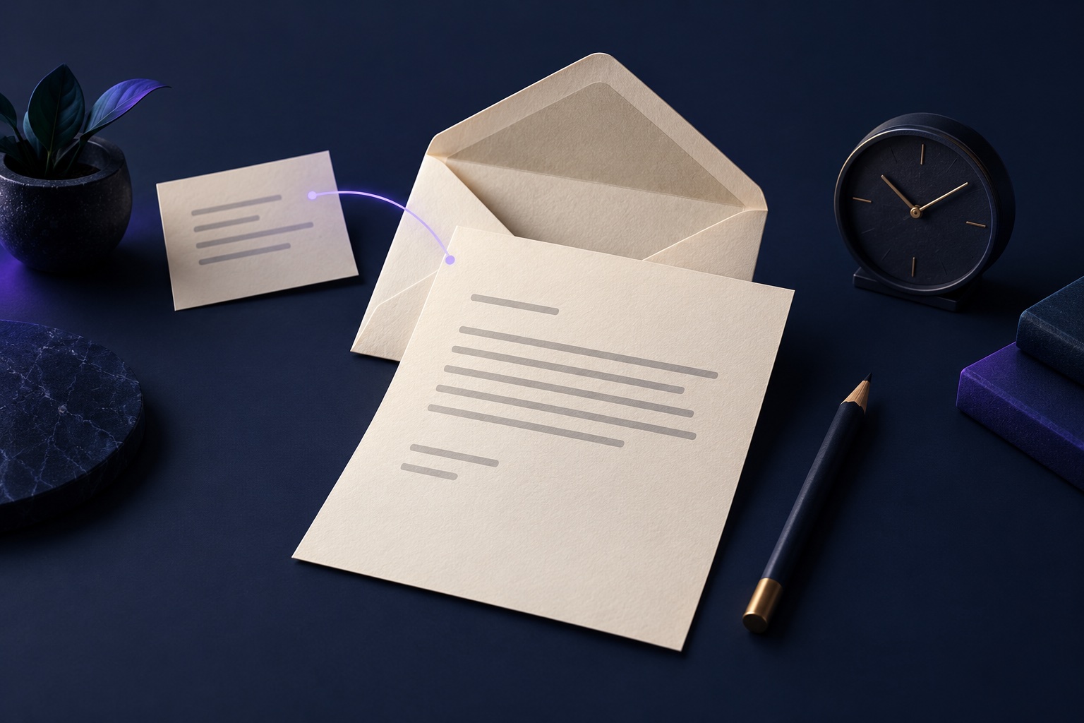 Conceptual illustration of an earlier message connected to a new follow-up draft, with an envelope, pencil and clock on a dark desk.