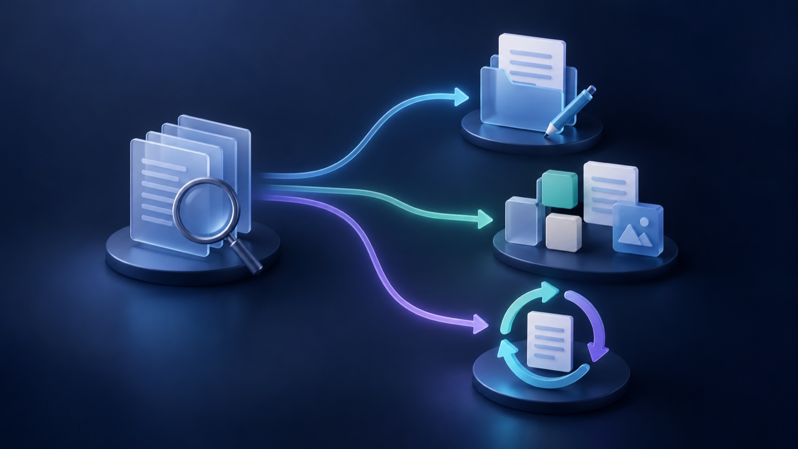 Conceptual illustration of research sources branching toward an editable report, connected workspace and recurring document task.