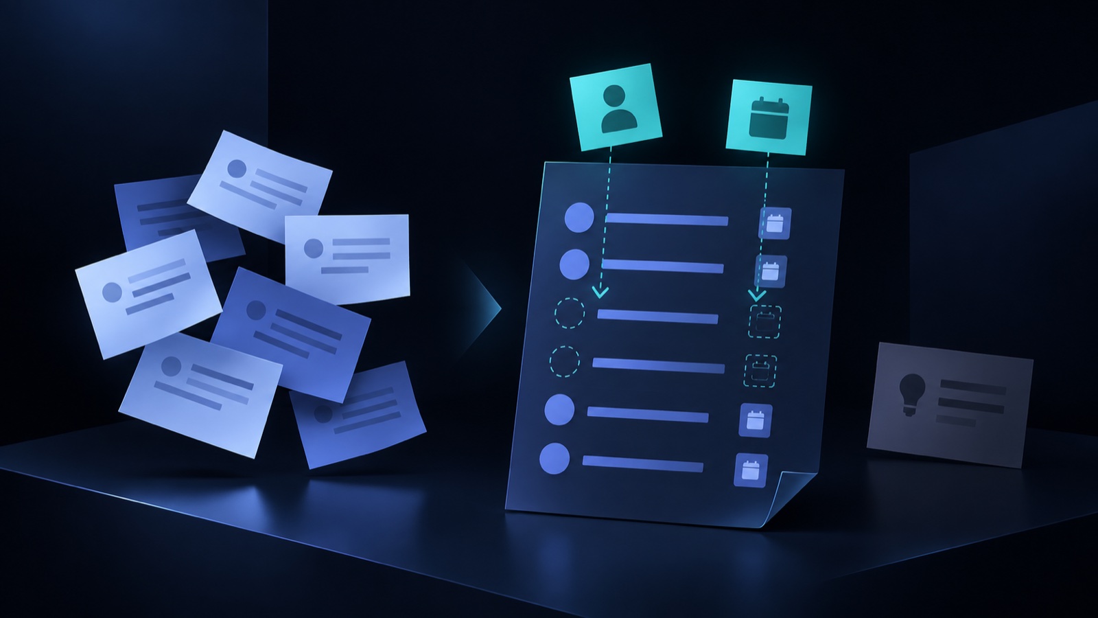 Conceptual illustration of loose meeting notes becoming an action list, with teal owner and calendar cards supplying missing details.