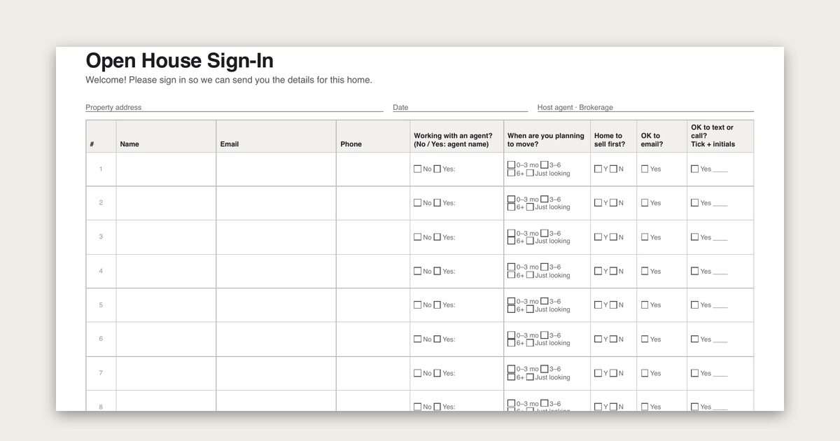 Brainmox open house sign-in sheet with columns for contact details, agent status, timeline and consent tick boxes.
