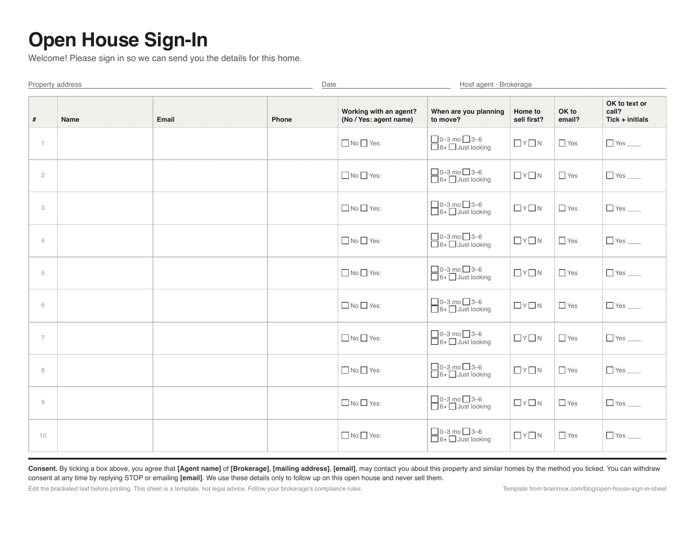 Preview of the printable open house sign-in sheet