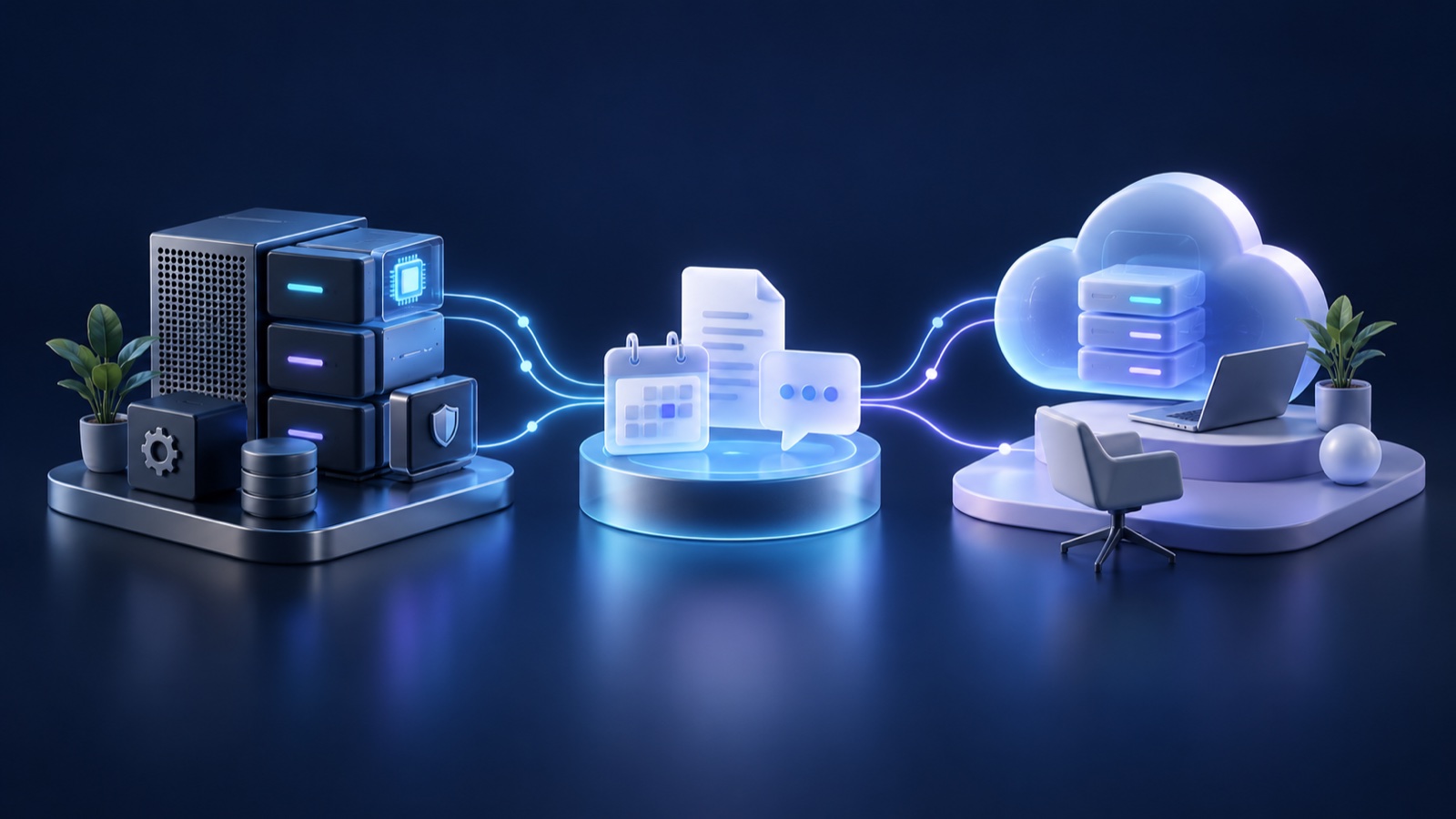 Conceptual illustration of a self-managed workstation and a cloud workspace connected to shared calendar, document and message tasks.