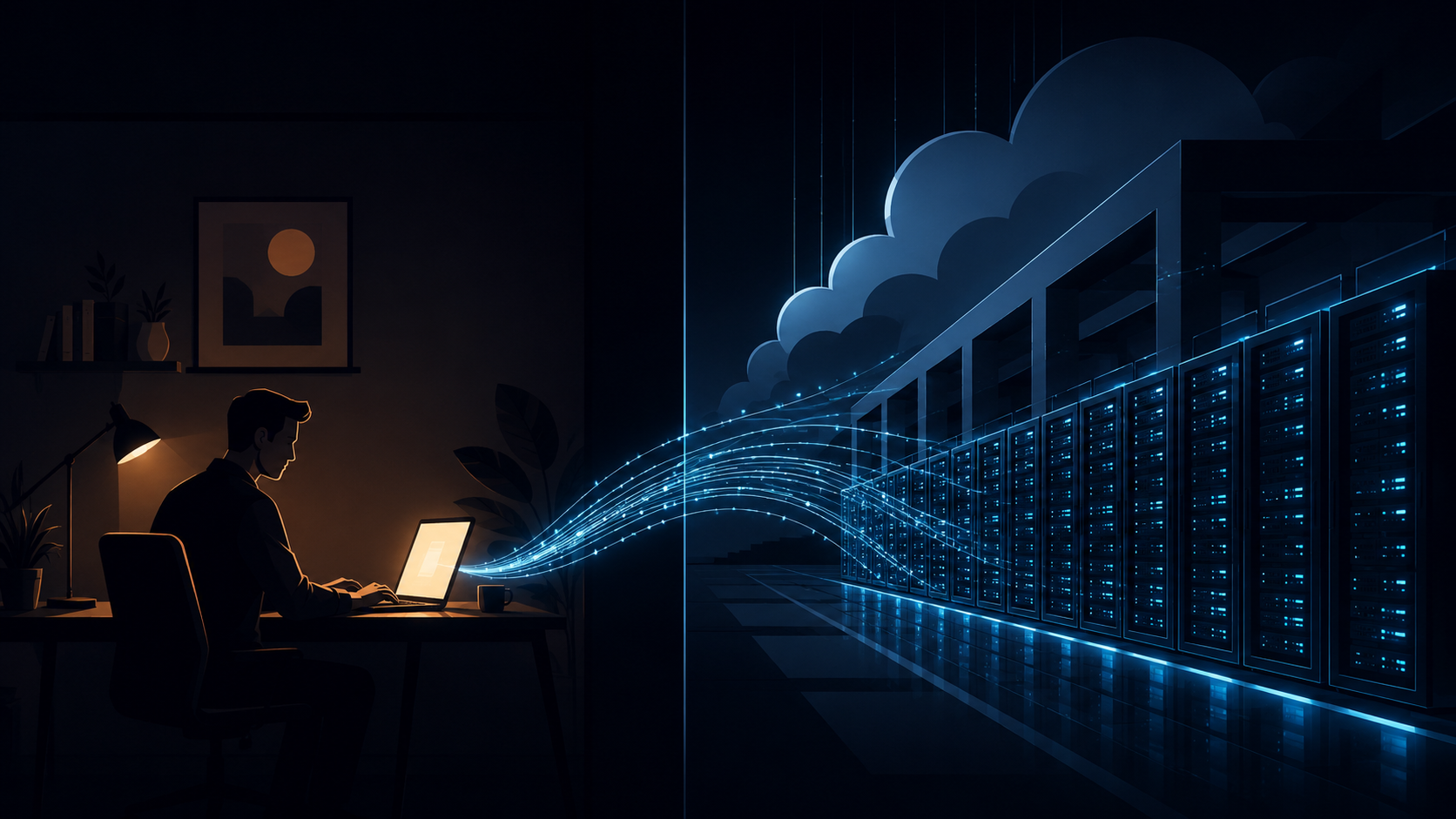 A split-screen showing a person typing private notes on one side and a massive cloud data center on the other, with data streams flowing from the laptop to the servers