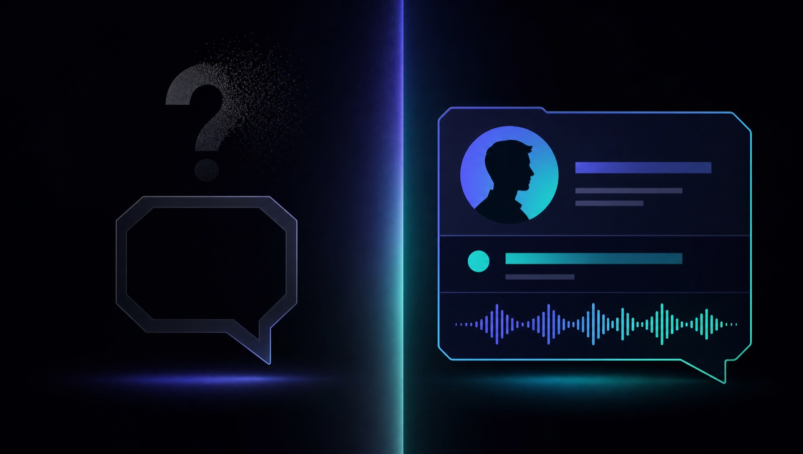 An anonymous prompt icon beside an AI agent profile with an avatar, name and voice waveform.