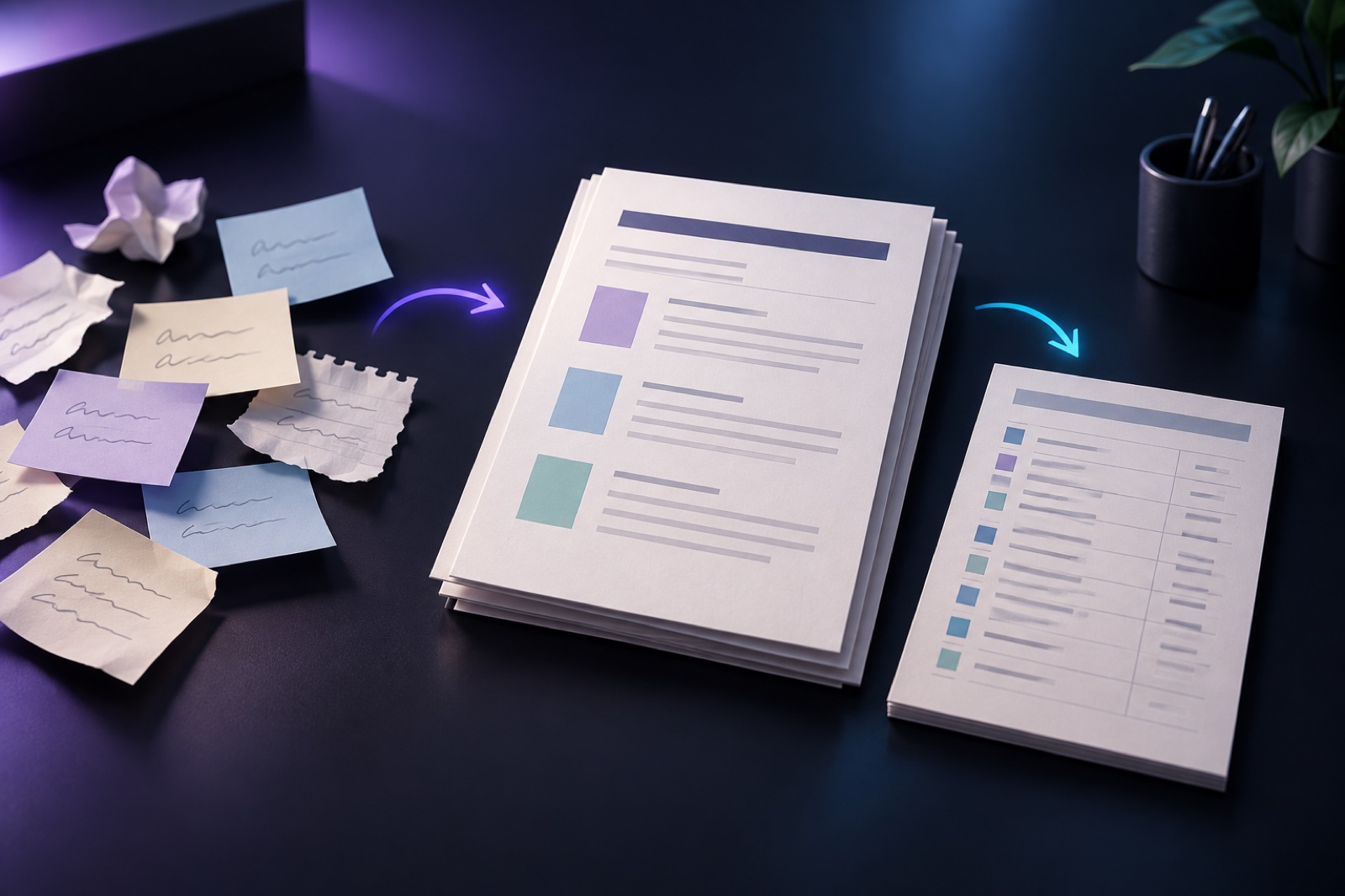 Conceptual illustration of project notes becoming an organized weekly report and supporting task ledger.