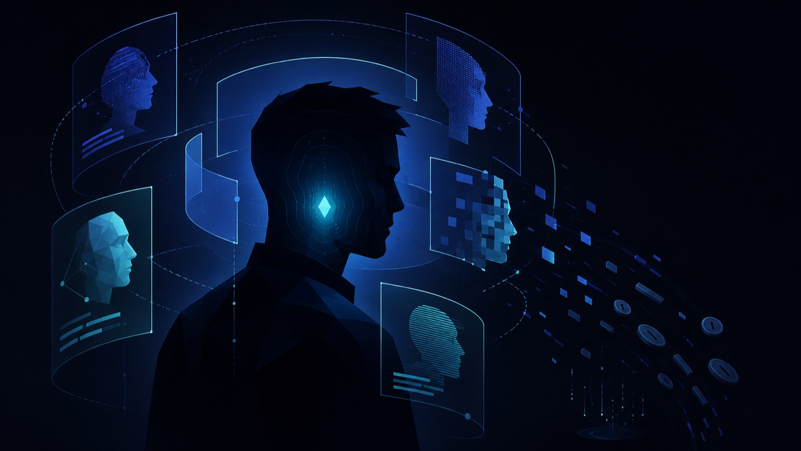 A silhouette surrounded by fragmented context panels and padlocks, illustrating missing or inaccessible information.