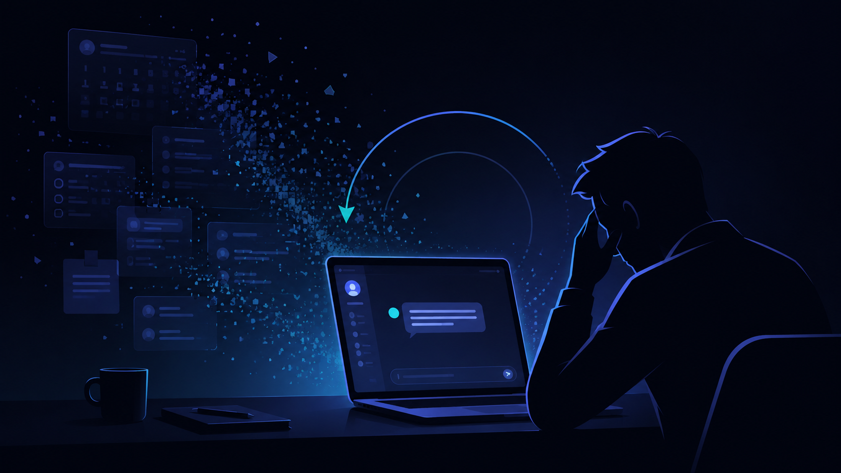 A professional at their desk looking frustrated at a laptop screen showing a generic AI chatbot greeting, with faded calendar items, notes, and previous conversations dissolving into the background