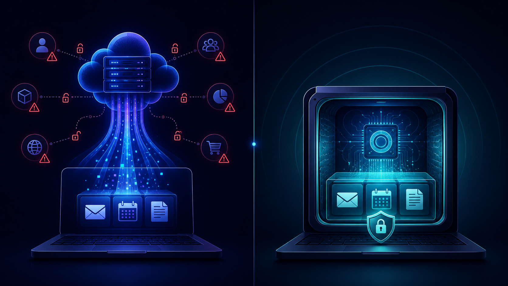 A split-screen comparison: on the left, a cloud-based AI setup where personal data flows into a distant corporate server surrounded by vulnerability icons; on the right, a local-first setup where data stays within the user's device inside a secure encrypted vault
