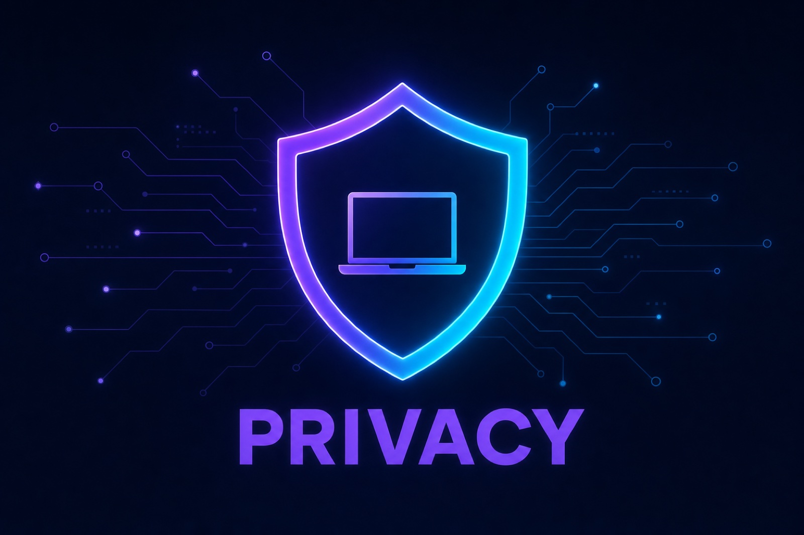 A neon shield containing a laptop, wired into circuit traces, above the word PRIVACY.