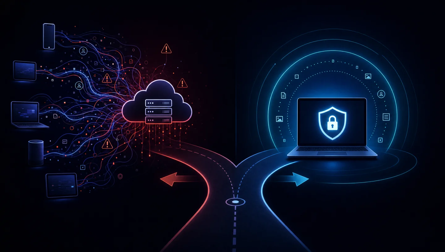 Split-screen: tangled data streams feeding a shared model vs. a clean, isolated store with a lock icon — the fork in the road between data-hungry and data-disciplined architecture.