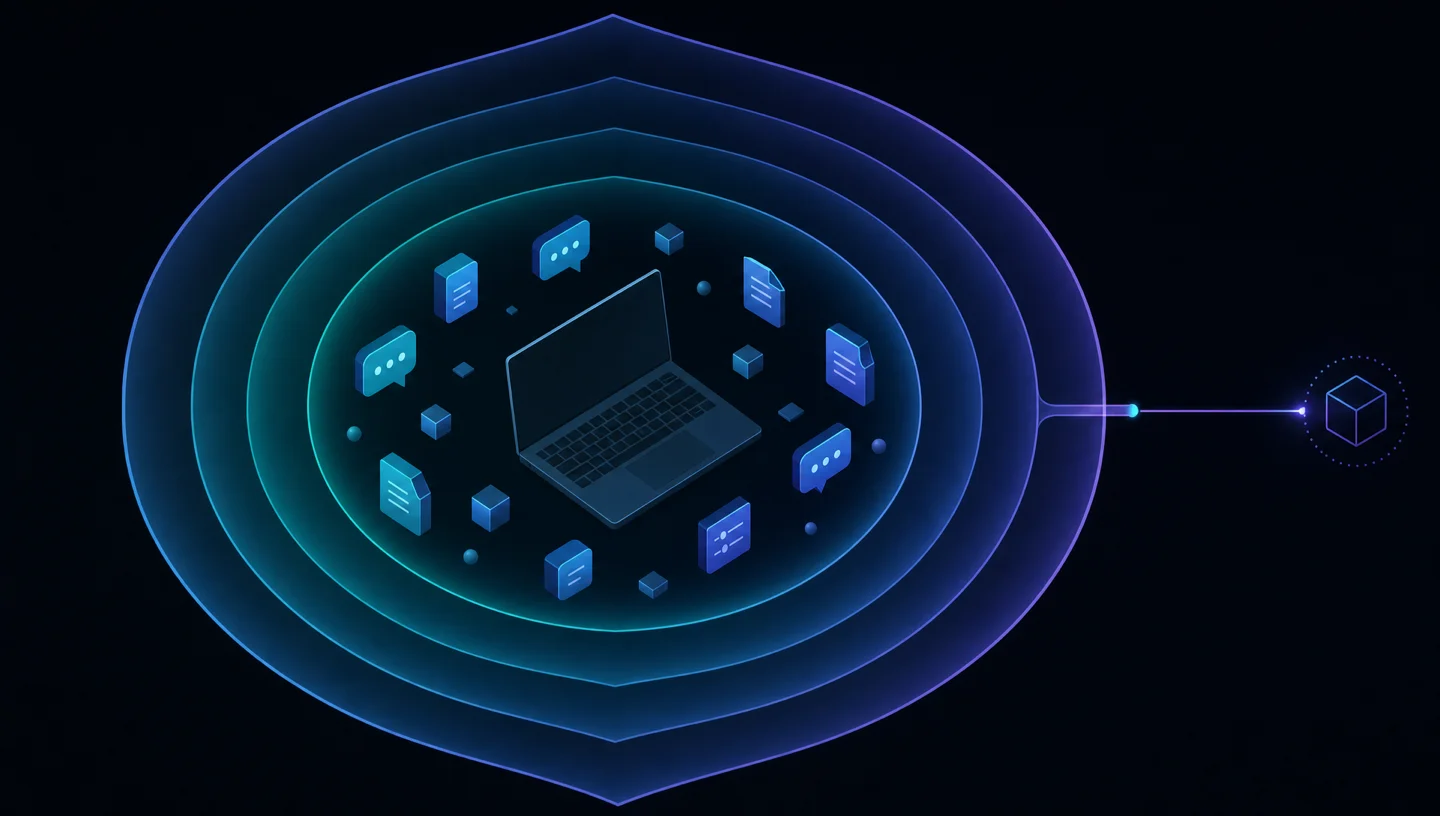 Overhead diagram of an isolated agent workspace surrounded by concentric protection rings, with a narrow connection to an external service.