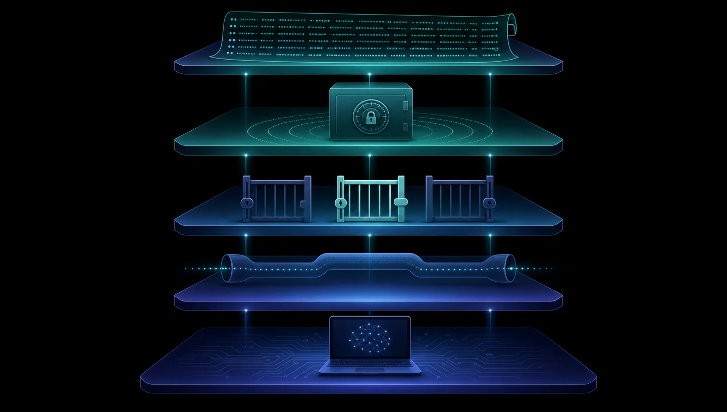 A five-layer trust stack representing isolated data, an encrypted vault, bounded tool access, runaway controls, and an audit trail.