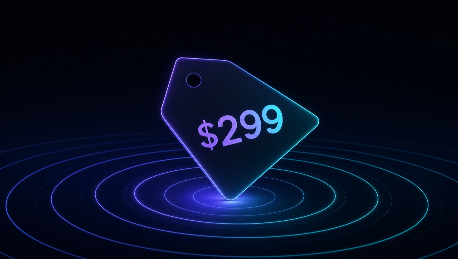 A glowing violet-to-cyan price tag reading $299, hovering above concentric rings of light.