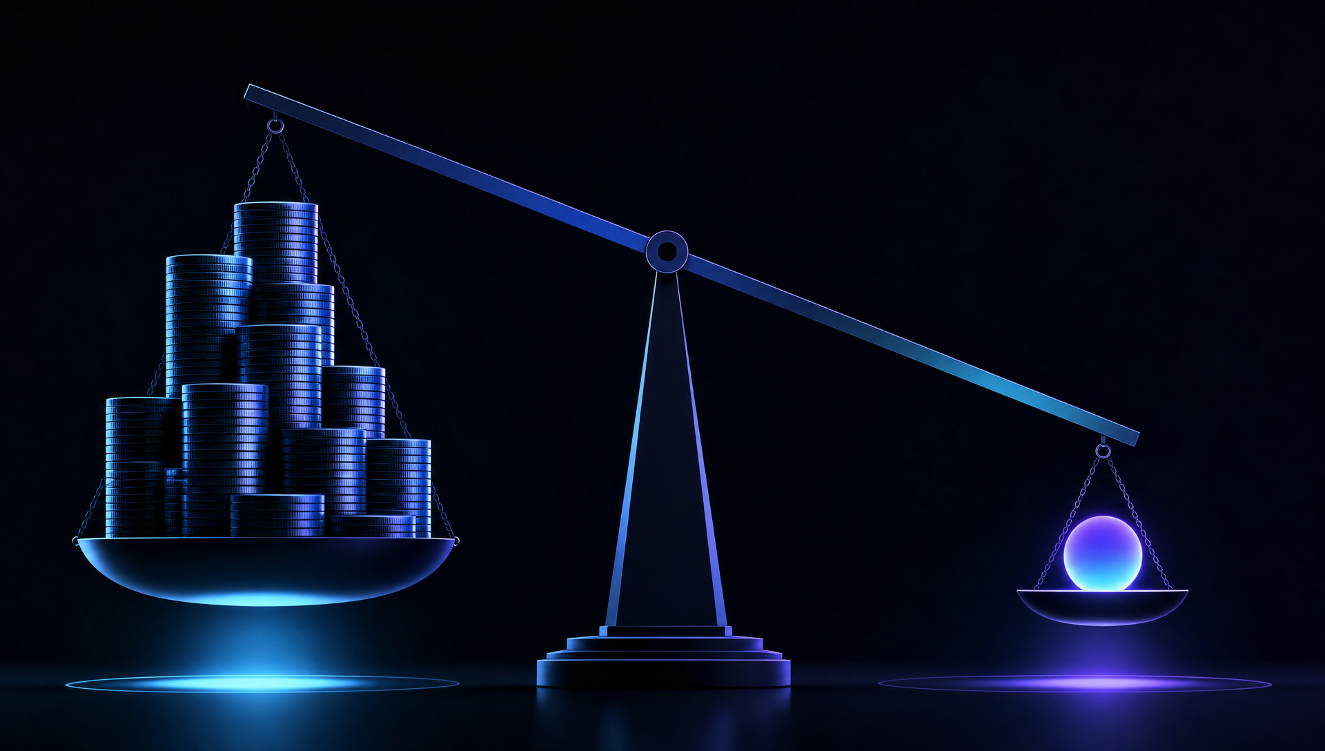 A balanced scale: heavy stack of coins representing $80,000/year human cost on the left, single glowing node representing $3,588/year BrainMox cost on the right.