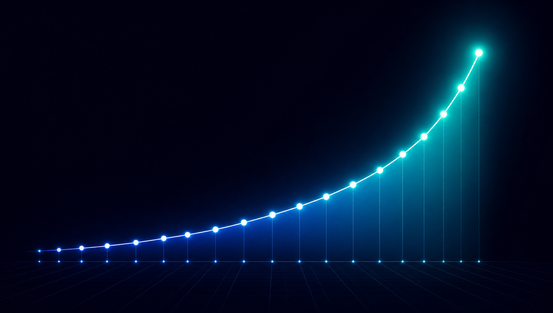 An ascending curve of luminous connected nodes rising from a low baseline to a steep peak, glowing brighter as it climbs, symbolizing compounding value over months.