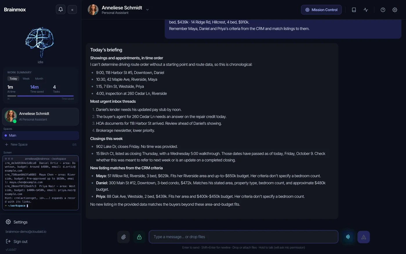 Brainmox Windows app showing an assistant's daily briefing with showings, inbox threads and closings