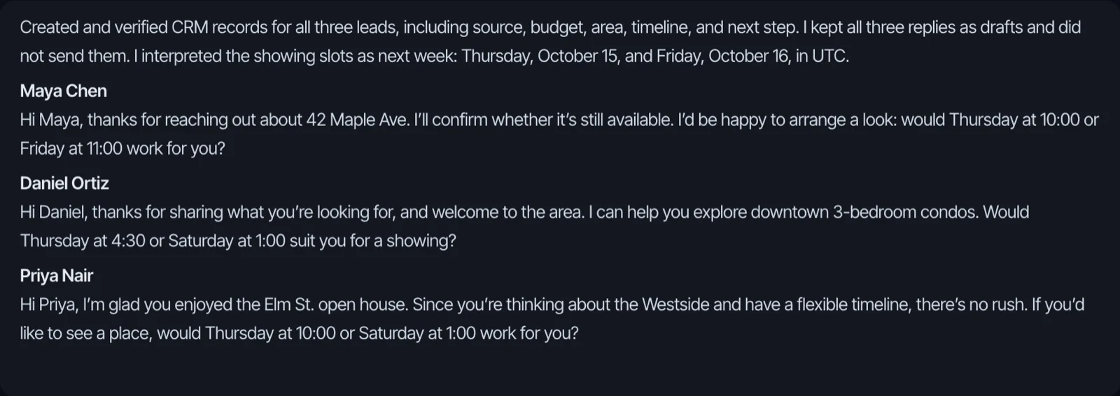 Brainmox reply with three personal draft replies to new leads, including one to Priya after an open house, kept as drafts and not sent
