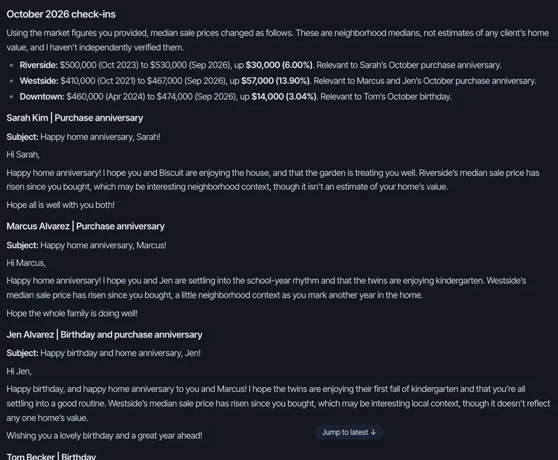 Brainmox reply with neighborhood context and personal check-in email drafts for fictional past clients