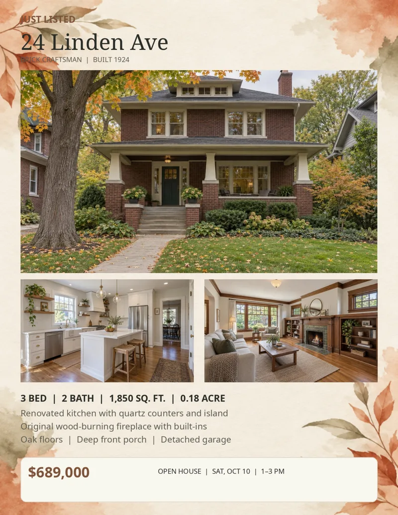 One-page Just Listed flyer for a fictional listing at 24 Linden Ave, built by Brainmox from three supplied photos
