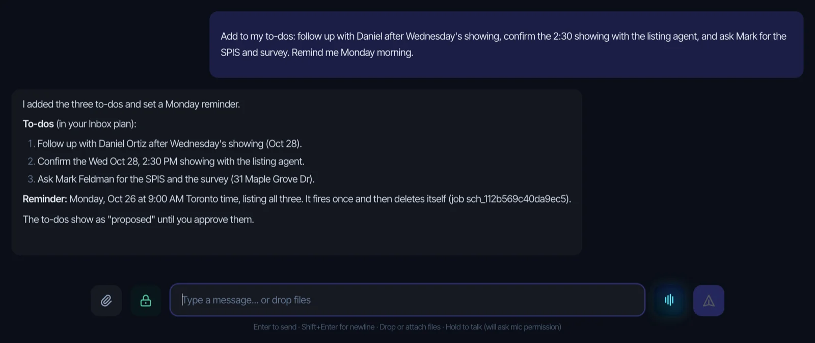 Brainmox adds three follow-up to-dos after a showing and sets a one-time Monday morning reminder listing all three